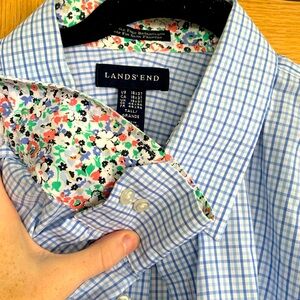 Lands’ End Mens Blue Check Dress Shirt 18 x 37